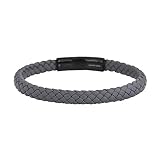 Geoffrey Beene Men's Braided Genuine Leather Bracelet with Stainless Steel Closure (Grey, Black)