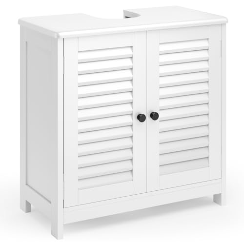 Xbro Meuble sous Lavabo Salle de Bain avec 2 Portes à Lattes, étagère Réglable, Meuble de Salle de Bain, 60 x 30 x 60 cm, Blanc