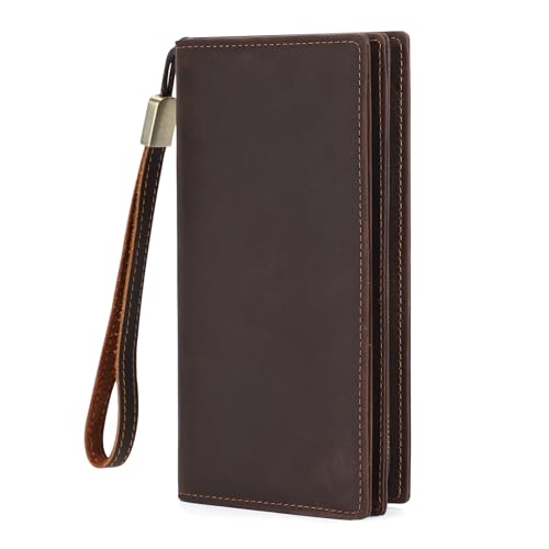 BAIGIO Genuine Leather Long Wallet for Men Bifold Wallet RFID Blocking Multi Card Purse with Zipper Wallet for Men Brown