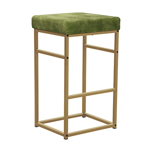 Gia 30-Inch Bar Height Square Backless Metal Stool With Green Velvet Cushion, Gold, Set Of 4 #TOP4