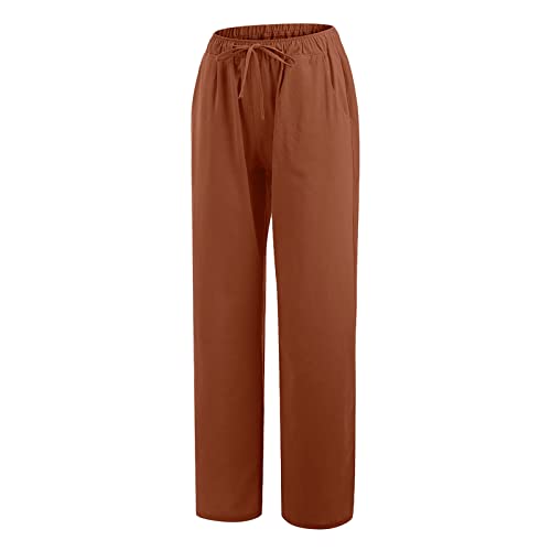 Amikadom I-C61 Calça de linho feminina laranja queimada calça de brunch ajuste relaxado plissado fla