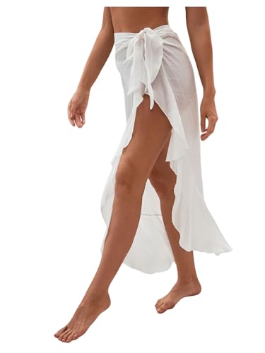 OYOANGLE Women's Mesh Sheer Swimsuit Cover Up Ruffle Tie Side Beach Sarong Wrap Long Skirt3