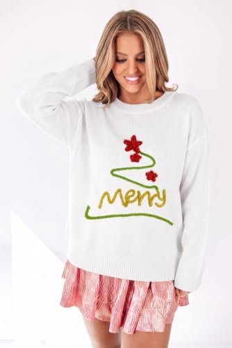 Image of LEMAFER Women 2026 Merry Christmas Round Neck Sequin Letters Sweater Casual Solid Slogan Long Sleeve Pullover Sweatshirt Tops
