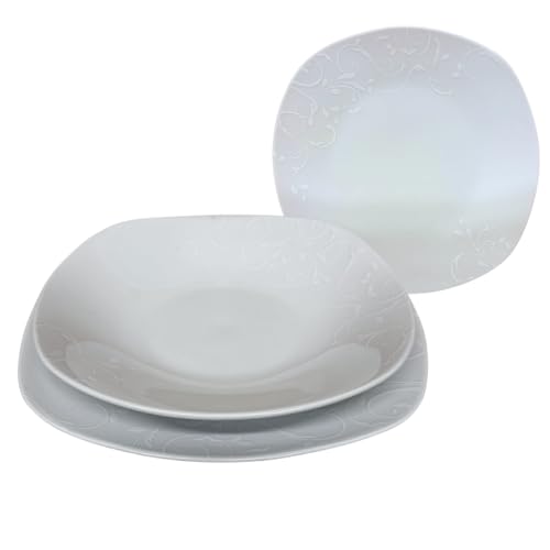 Set Completo: Il set comprende 36 pezzi, suddivisi in 12 piatti piani da 24,5 cm, 12 piatti fondi da 21,5 cm e 12 piatti da frutta da 19,5 cm.