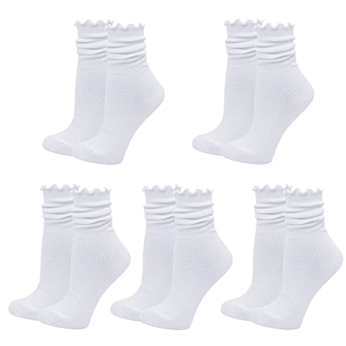 Bienvenu Ruffle Slouch Socks for Women, Cute Cotton Crew Socks, Frilly Novelty Knit Socks 5 Pairs, White