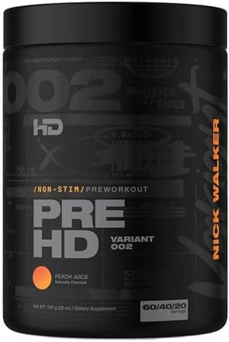 HD MUSCLE PreHD Variant 002 Non-Stim Pre Workout Powder | Nick Walker Signature Series | Stimulant Free PreWorkout | Caffeine-Free, L-Citrulline, Creapure Creatine, Beta Alanine | 60 Servings (Peach Juice)