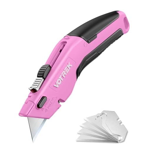 Box Cutter Utility Knife, 2-in-1 Safety Retractable Box Cutter for Women, Quick Change Razor Knife for Home, Office & DIY, Blade Storage Design, with Extra Sharp Razor & Hook Blades (Pink) B