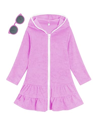 LUCKYGAL Girls Swim Cover Up Kids Swimsuit Coverup Purple Long Sleeve Zip-Up Beach Pool Clothes, Size 6 7