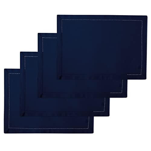 Image of Encasa XO Table Mats Set of 4 | Pure Cotton Hemstitched Design | Scotch Blue | Rectangular Size 48x32 cm - Dining Placemat | Machine Washable
