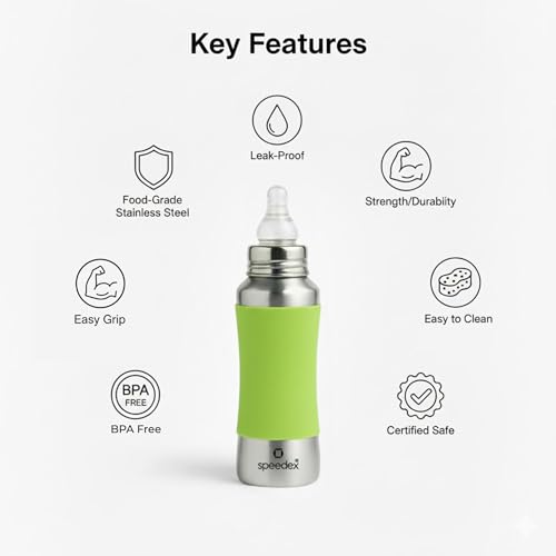 Image of SPEEDEX Stainless Steel Baby Feeding Bottle 240 ml with Green Silicone Grip & Internal ML Marking | BPA & Plastic Free | Anti-Colic Silicone Nipple | 304 Grade Steel Infant Milk Bottle | Leak Resistant (240ml)