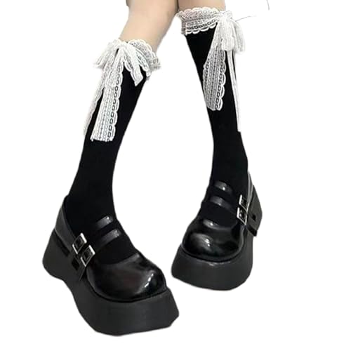 Image of Women Kawaii Knee High Socks Lovely Cute Frill White Lace Trim Cuffs Stockings Solid color Lace Ruffle Bow E-Girls Socks (Black, ONE SIZE)