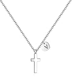 Pequeña cruz para niñas | Mujeres con inicial de corazón | Letra de piedra natal, colgante de acero inoxidable, joyería, regalos de bautismo de primera comunión, cumpleaños de Navidad