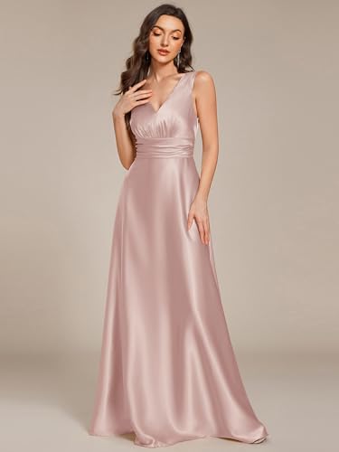 Image of Ever-Pretty Women's Spring Satin V Neck Formal Wedding Guest Dress Floor Length Empire Waist Prom Dresses with Pockets