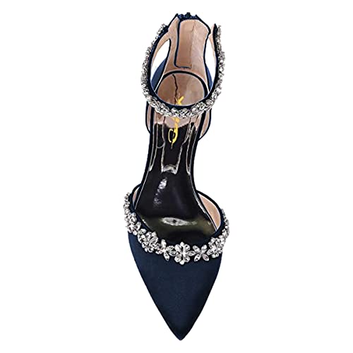 Image of XYD Women Classic Pointed Toe D'Orsay Wedding Flat Sandals Sparkly Rhinestones Ankle Strap Low Heel Dress Shoes with Zipper