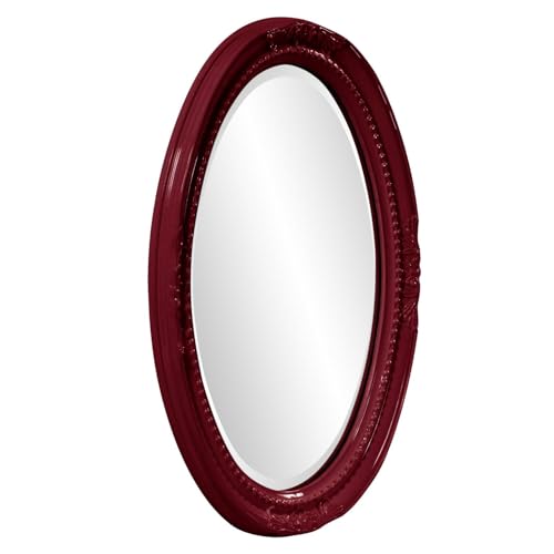Image of Howard Elliott Collection Queen Ann Oval Glossy Burgundy Wall Mirror, Oval Bevelled Hanging Wood Framed Vanity Mirrors for Home Decor, Living Room, Bathroom, Bedroom, or Hallway, 25 x 33 Inch