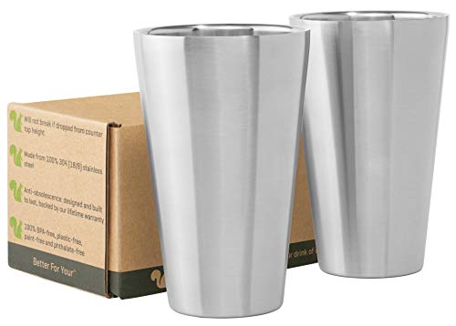 Stainless Steel Cups Double Wall Tumbler Glasses 16 oz - Premium Pint Cups - Set of 2 - Stackable Shatterproof - Dishwasher Safe for Home Camping RV - BPA Free