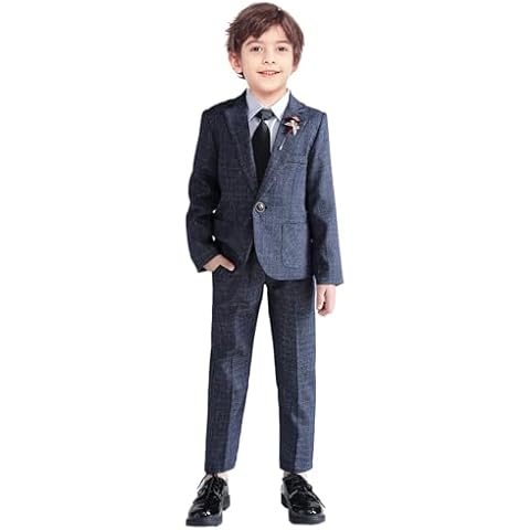 LOLANTA Kids Boys Plaid Suit Fashion Blazer Pants Set 2 Piece Formal Wear Outfit for Wedding(Blue, 6-7) Cover