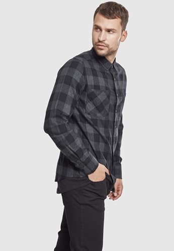 Urban Classics Camicia In Flanella A Maniche Lunghe Da Uomo, Camicia Casual Lunga Con Bottoni Per Uomo, Vestibilità Regolare, Cotone Flanella, Colore: Nero/Grigio, Taglia: S - 9
