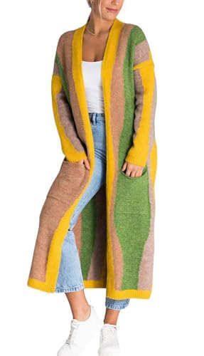 Women's Color Block Vertical Striped Cardigan Sweater Loose Fit Chunky Knit Long Coatigan Coat