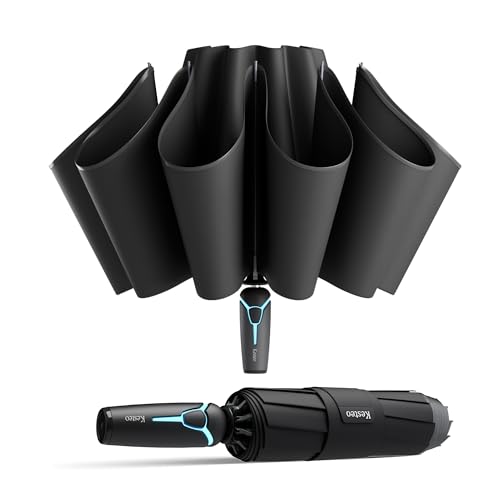 Kesteo Windproof Travel Umbrella for Rain, Withstand 85MPH Winds, 54 Inch Automatic Reverse Fold Umbrellas Easy Auto Open Close, Portable Compact Umbrella Includes Cover Bag, Perfect for Travel, Car, Commute, Women Men, Backpack, Black