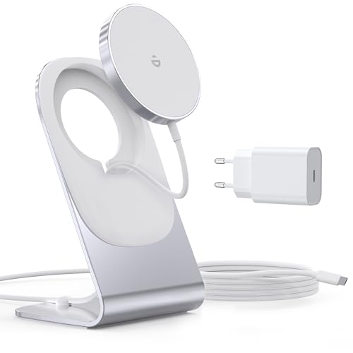 RoRoSkin Charger, Wireless Charger Inductive Charging Station, Magnetic Induction Charger, Wireless Fast Charger Compatible with iPhone 16/15/14/13/12 Series, Silver with Adapter