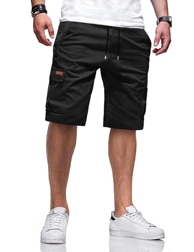TARAINYA Cargo Short Homme éTé Coton Cordon de Serrage avec 6 Poches Taille Elastique Casual Short Noir L