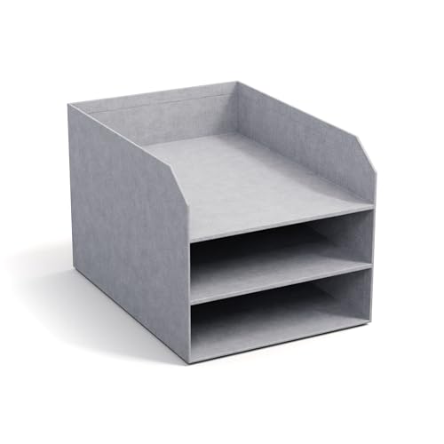 BIGSO Trey 3-stufige Briefablage – praktische Ablagefläche für Briefe, Dokumente in DIN A4-Format – Ordnungssystem aus Faserplatte mit Papier in Leinenoptik – hellgrau
