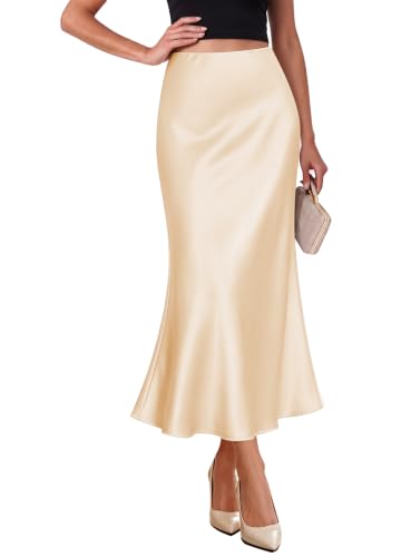 OFEEFAN Stain Skirts for Women Elegant High Waist Cocktail Party Midi Skirt