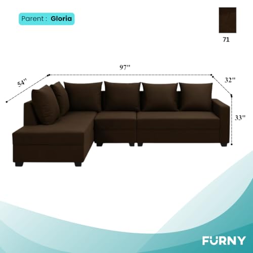 Image of FURNY Gloria 6 Seater Fabric LHS L Shape Sofa Set (Dark Brown) Premium Velvet Finish | Durable Comfort | Ideal for Living Room