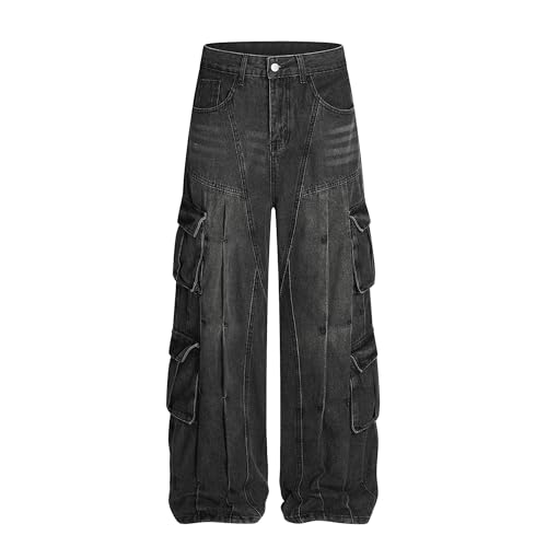 XYXIONGMAO Men's Black Denim Cargo Pants Baggy Wide Leg Vintage Washed Streetwear Multi-Pockets Stacked Hem Overalls for Men