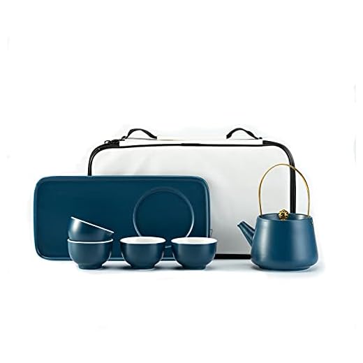 Annahom 8PC Porcelain Tea Cup Set, Modern Blue Japanese Teapot with Infuser for Loose Tea, Picnic Set Portable All-in-one with Ceramic Tray, Gift Bag for Home, Restaurant, Office, Travel (Blue)