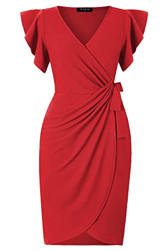 Image of oten Womens Deep V Neck Ruffle Sleeve Sheath Casual Cocktail Party Work Faux Wrap Dress