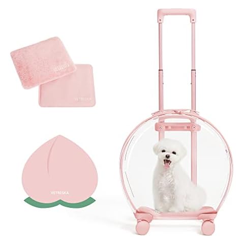 VETRESKA Pet Carrier with 2 Stickers and 2 Mats, Pink Pet Transport Luggag with Wheels and Telescopic Handle, Pet Travel Carrierr for Small & Medium Dogs/Cats Cover