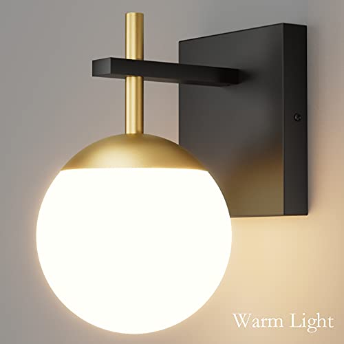 Image of Ralbay Black Gold Wall Sconce, Mid Century Modern Wall Lighting Fixtures Milky Glass Indoor Wall Lamp for Home Decor Bathroom Kitchen Living Room Vanity Hallway, Black and Gold 1 Light