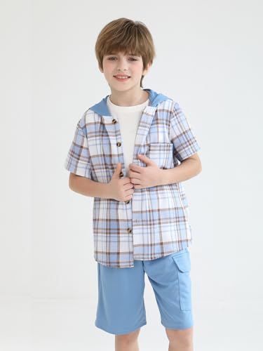 Image of Boys Clothes Shorts Sets Plaid Short Sleeve Hooded Button Shirt and Jogger Shorts for Kids Summer Outfits