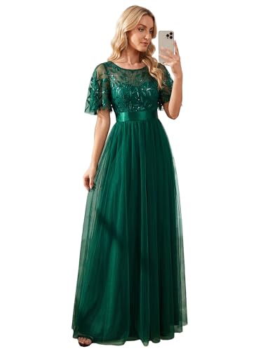 Image of Ever-Pretty Sequin Formal Prom Dresses for Women Ruffle Sleeves Empire Waist A-Line Long Mother of Bride Dress 00904