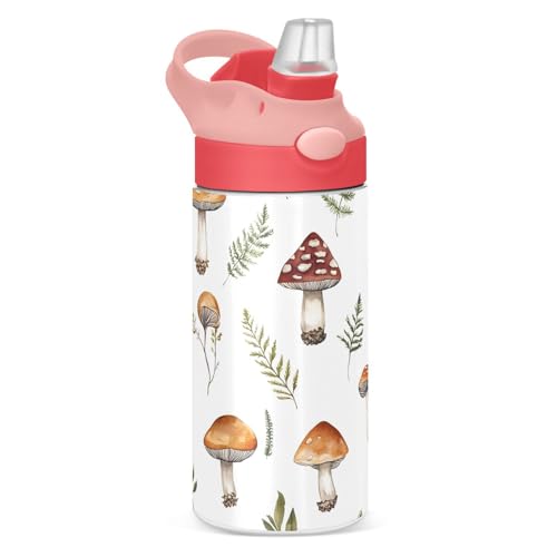 Botella de agua para niños con pajilla, 350 ml, diseño de hojas verdes de hongos, acero inoxidable, aislada, a prueba de fugas, sin BPA