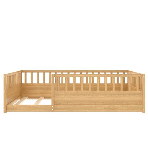 Image of Kids Montessori Floor Bed,Full Size Floor Bed with High Fence and Door,Full Bed Frame with Guardrails for Kids,Girls,Boys,Full,Natural