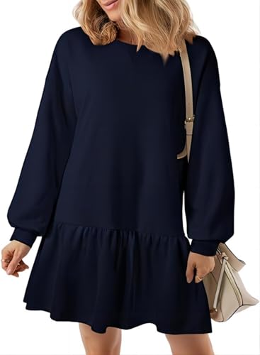 BLENCOT Women's Oversized Sweatshirt Dress Fall Trendy Crewneck Long Sleeve Rib Knit Pleated Athletic Pullover Casual Solid Short Mini Dresses Workout Navy Blue Medium