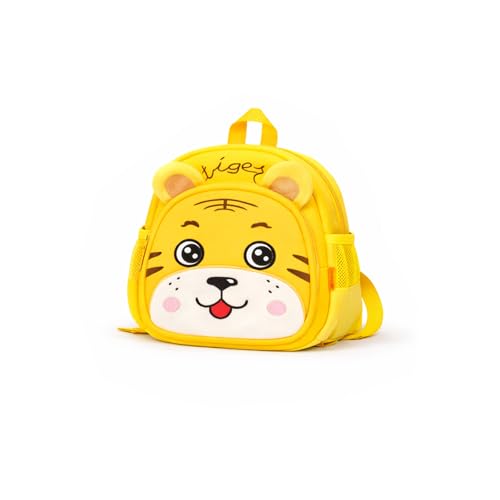 WISHKEY Kids Bag for Girls (2–5 Years) Picnic Bags For Girls Water Resistant Tiger Cartoon lightweight Small Size Bag with Safety Leash, Chest Buckle & Adjustable Straps Yellow
