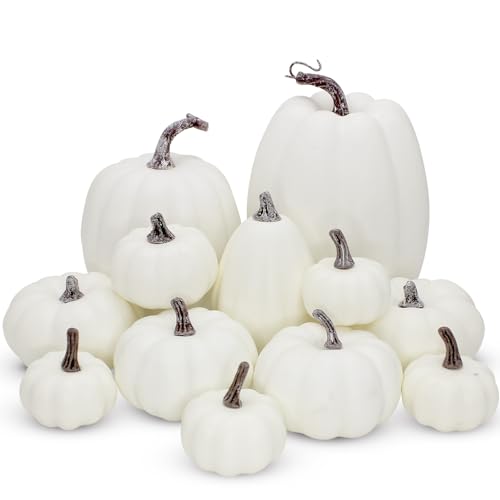 12 PCS Artificial White Pumpkins, Assorted Sizes Artificial Pumpkins Fall Autumn Decor Fake Faux Rustic Harvest Farmhouse for Halloween Thanksgiving Fall Autumn Season Decorations