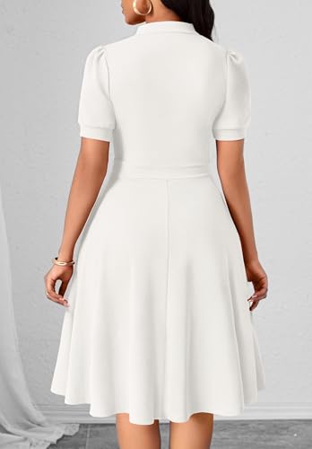 Womens Casual Summer Dresses Short Puff Sleeve V Neck A Line Wedding Guest Midi Dresses with Pockets3