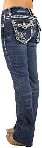 LA Idol Rose 2 Rhinestone Studded Medium Wash Denim Bootcut Flap Pocket Jeans - Waist 9