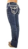 LA Idol Rose 2 Rhinestone Studded Medium Wash Denim Bootcut Flap Pocket Jeans - Waist 9