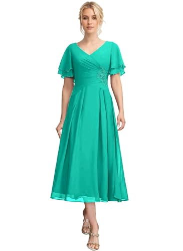 Generico Tea Length Madre de la Novia Vestidos de Gasa Plisado Vestidos de Noche Formales una Línea de Vestido de Novia de Invitado, Turquesa, 54 grande
