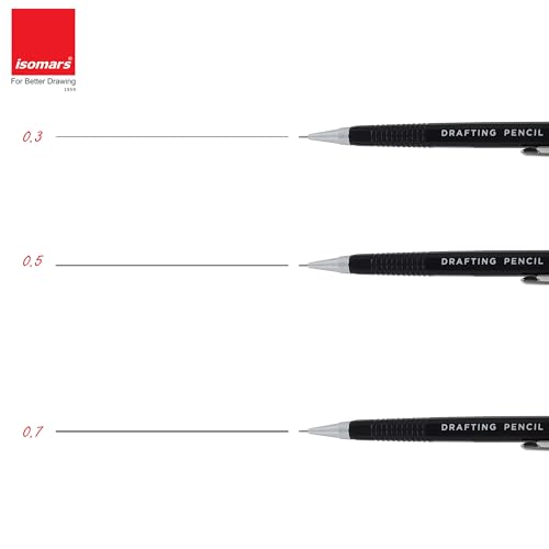Image of Isomars Mechanical Pencil Set of 3 (0.3mm, 0.5mm & 0.7mm) with Leads & Erasers | Drafting Pencils for Drawing, Sketching, Writing & Technical Drafting | For Artists & Students