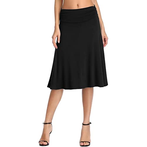 Falda Elegante Elástica hasta la Rodilla Color Sólido Cintura Alta Midi Falda para Mujer (M, Negro Algodón)