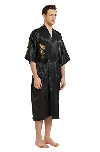 Mens Robe Chinese Silk Embroidered Dragon Pattern Kimono Bathrobe Yukata Pajamas with Waistband and Pockets4