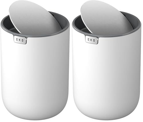 Image of EKO Mini Desk Trash Can with Swing-Top Lid 0.4 Gallon Small Table Round Wastebasket for Office, Home, Car (White) (Pack of 2)