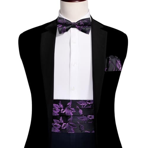 Image of Barry.Wang Men Silk Paisley Cummerbund and Pre-tied Bowtie Handkerchief Cufflink Set for Tuxedo